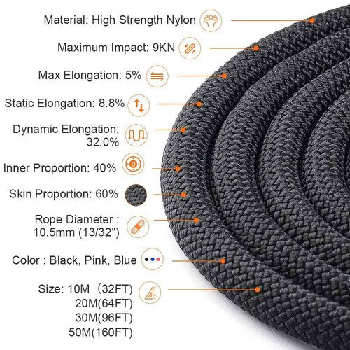 X XBEN 10.5 mm UIAA Static Climbing Rope 50M(160FT), Light and Soft Nylon Outdoor Rock Climbing Rope for Rock Climbing,Tree Climbing,Arborist Rope,Canyoneering,Rescue Work