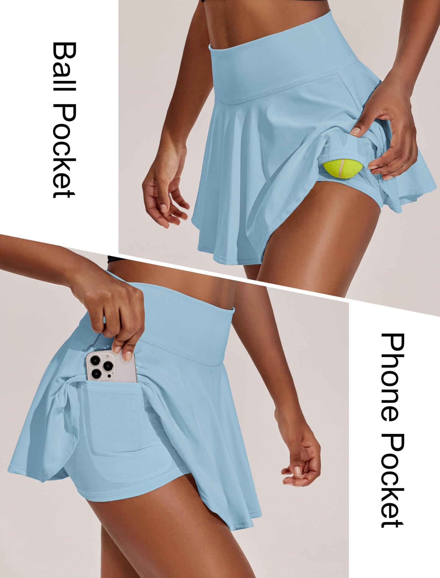PINSPARK Cute Tennis Skirts for Women Pleated Athletic Golf Skorts Skirt with Shorts Pockets Lightweight Light Blue L