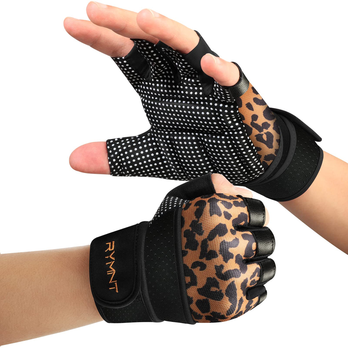 RYMNT Workout Gloves with Weight Lifting Wrist Wrap,Vented Cushioned Palm & Extra Grip for Men Women Gym,Weightlifting,Fitness Training,Fitness,Exercise,WODs,Pullups.Leopard-Medium