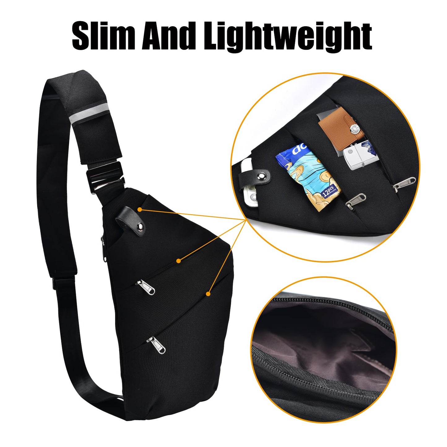 Fibrdoo Multi-pocket Chest Bag, Anti-Theft Shoulder Bag, Waterproof Sling Crossbody Bag, for Men Bicycle Hiking Jogging (Black)