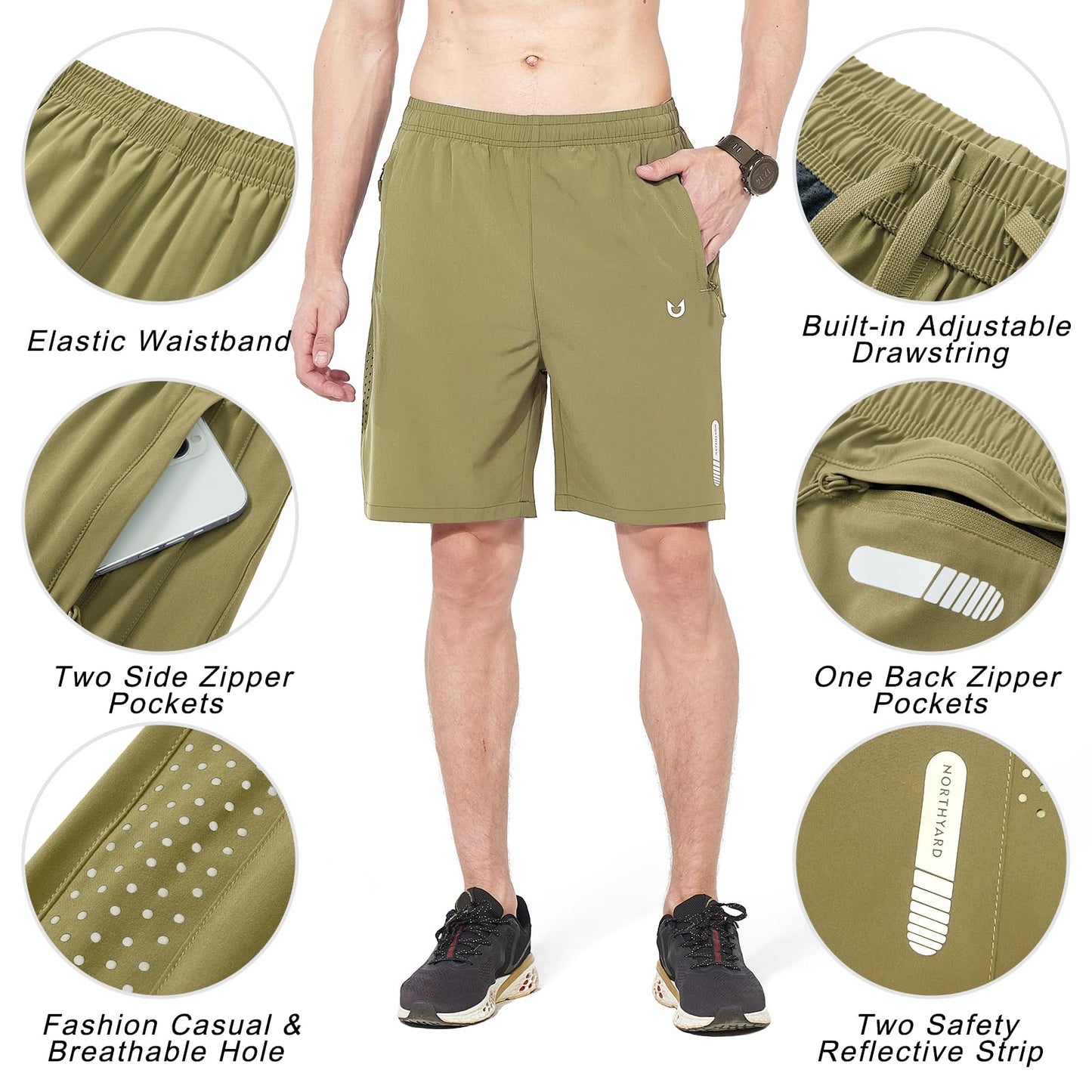 NORTHYARD Men's Athletic Running Shorts Gym Workout 7"/9"/5" Quick Dry Lightweight Sports Basketball Tennis 3 Zipper Pockets Khaki 3XL