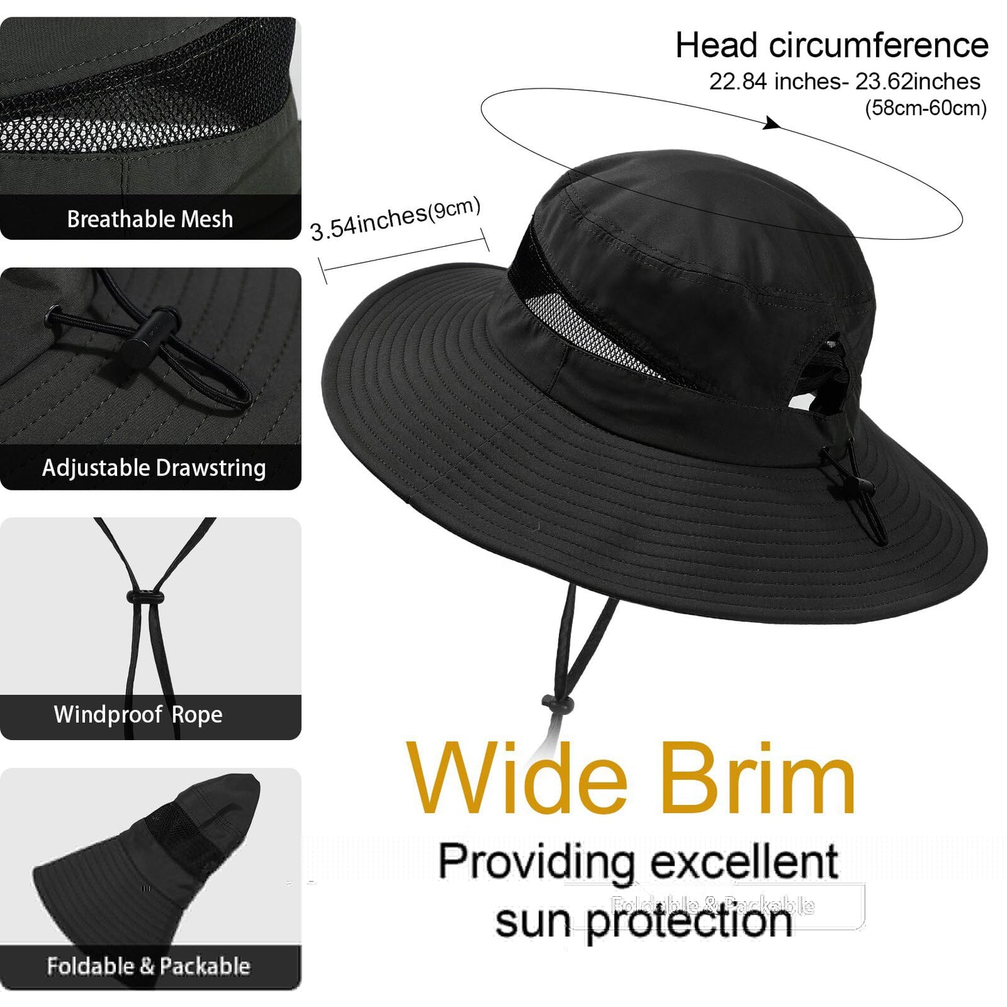 Bucket Sun Hat for Women Wide Brim Breathable Mesh UPF50+ Safari Hat Criss Cross Ponytail Hole Outdoor Rain Hat Black