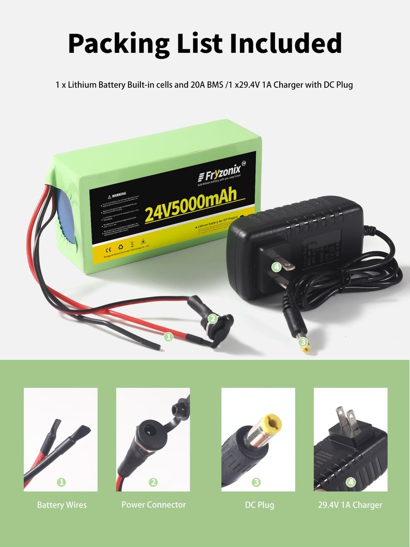 1 Pack 24V 5Ah Lithium Battery with 29.4V 1A Charger, 24 Volt Rechargeable Battery for DIY Projects