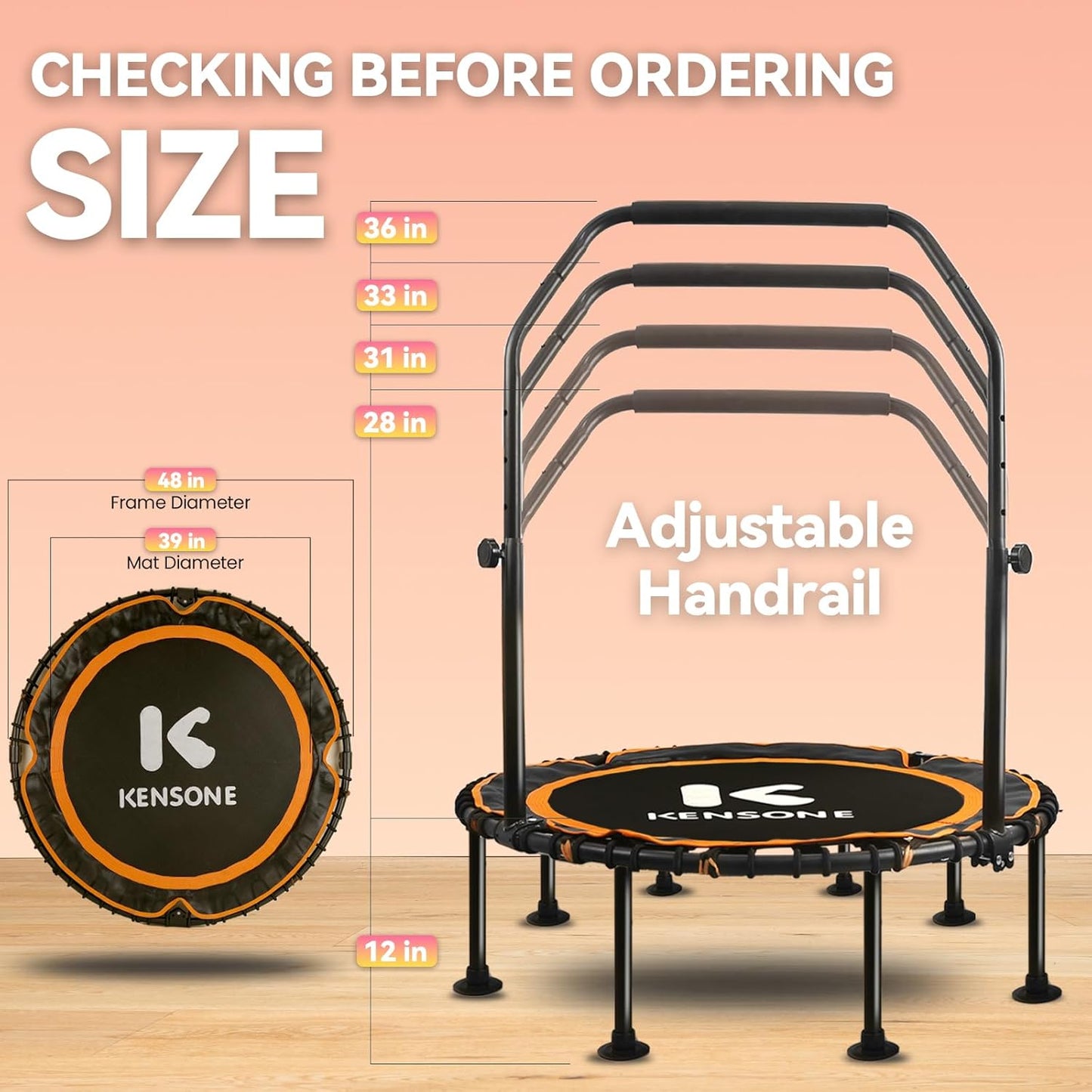K KENSONE Foldable Rebounder Trampoline for Adults - 450/550 LBS Indoor Fitness Mini Gym Workout