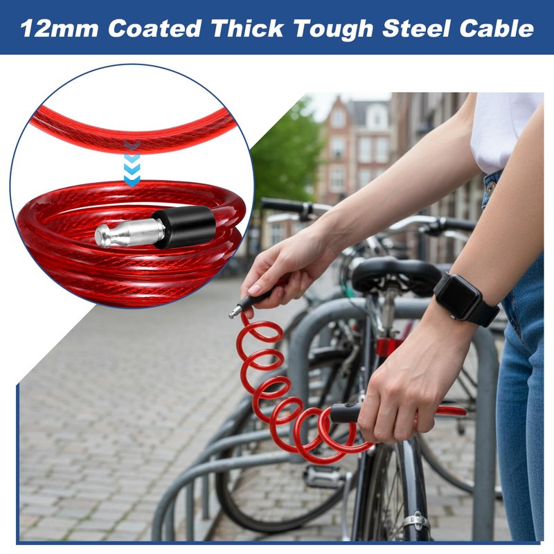 Afcabakila 10 Pcs Bike Lock Cable with Keys, Anti-Theft Steel Wire Bicycle Coiled Chain Lock ABS Shell 2 Keys for Scooter, Motorcycle, Gate, Resistant Heavy Duty Security Cable Locks 36.8 Inches