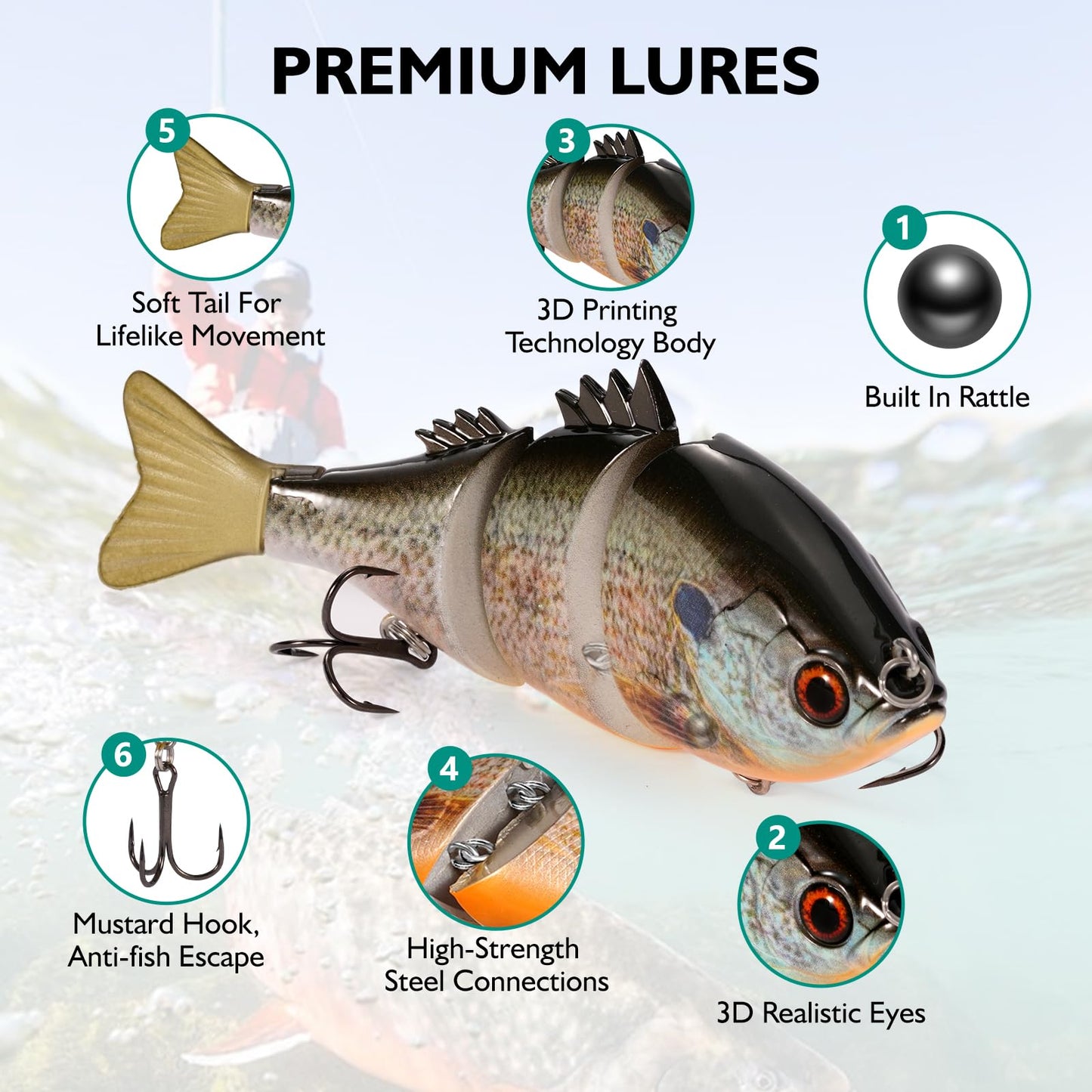 FONMANG 3-Pieces Swimbait Fishing Lures, 4.3in Lifelike Bluegill Multi-Jointed Slow Sinking Swim Bait, Fishing Lure for Large-Sized Bass, Walleye and Pike Fish in Freshwater and Saltwater-3Color