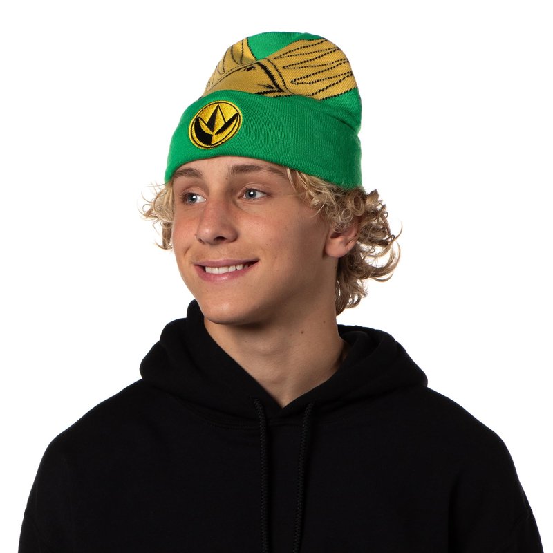 Mighty Morphin Power Rangers Men's Green Ranger Beanie Gold Armor Embroidered Patch Knit Fold Cuff Beanie Hat OSFM