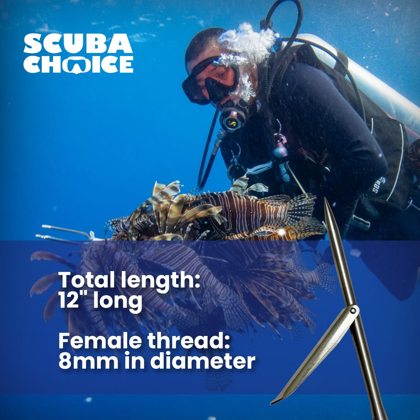 Scuba Choice 12" Stainless Steel Pole Spear Tip 8mm Female Single Barb Head – Durable Replacement Spearfishing Tip for Cold Water & Ice Fishing (Thread Diameter: 14.2mm, line: 1.25mm)