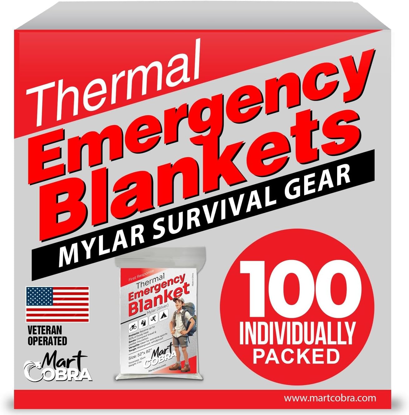 Cobra Emergency Blanket 100-Pack - Reflective Thermal Survival Gear | Retains 90% Body Heat for Camping & First Aid