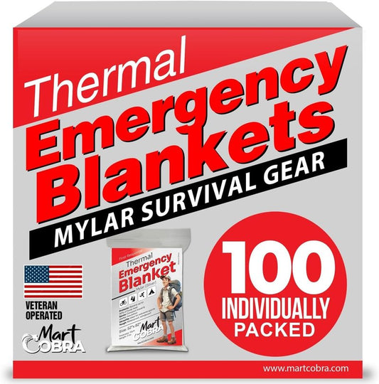 Cobra Emergency Blanket 100-Pack - Reflective Thermal Survival Gear | Retains 90% Body Heat for Camping & First Aid