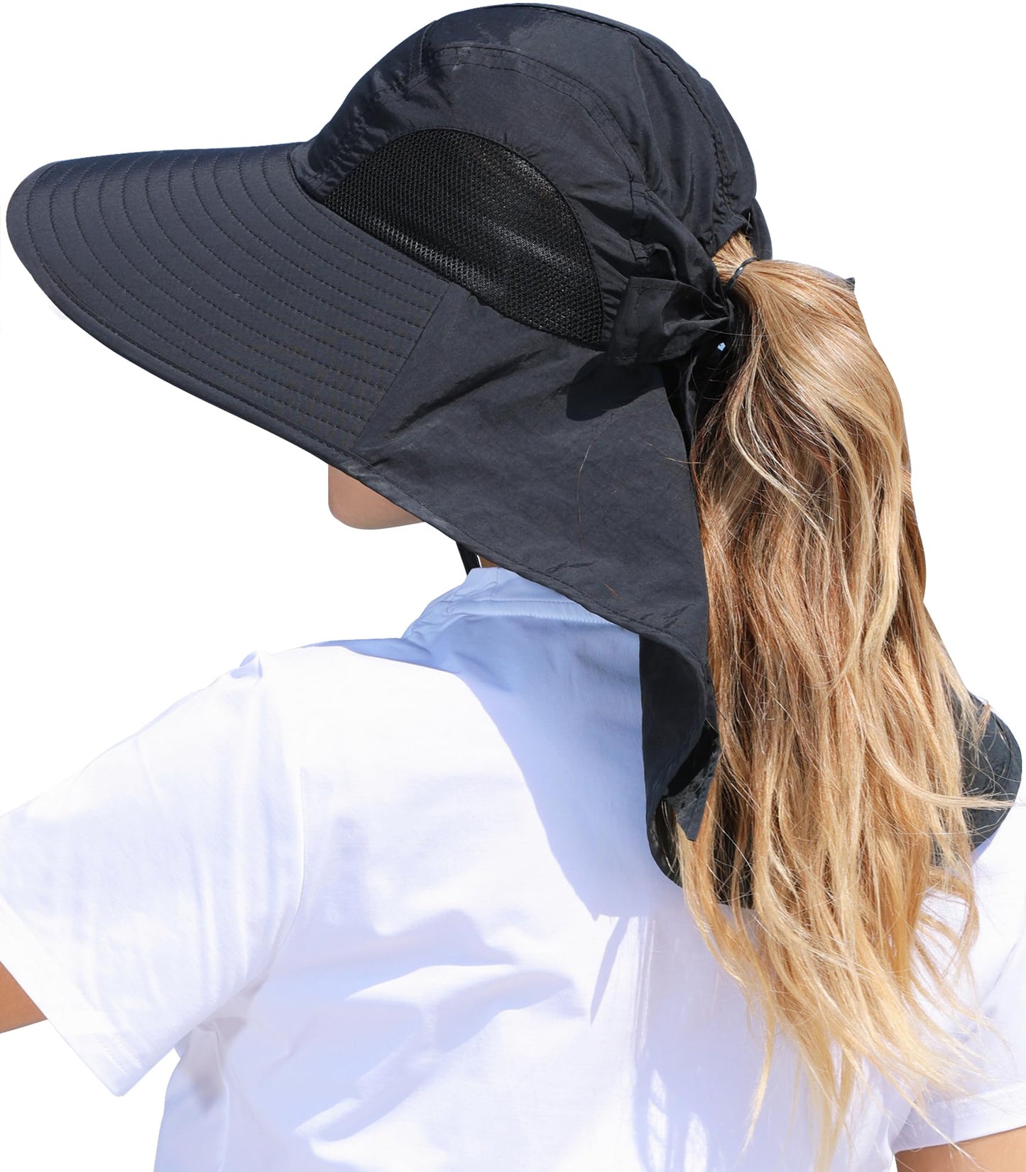 SENWAI Womens Sun Hat Outdoor UV Protection Wide Brim Fishing Hat with Ponytail Hole Neck Flap for Beach Hiking Camping, Black