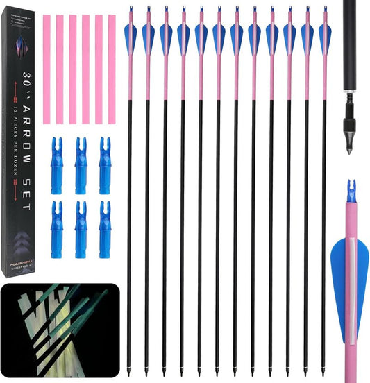 30 Inch Carbon Hunting Arrows - Detachable Tips & Glow in Dark | Set of 12 for Compound & Recurve Bows