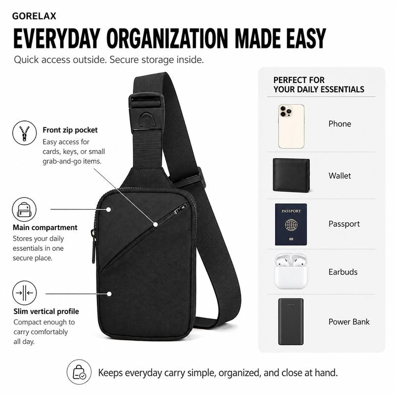 GORELAX Ultra Compact Mini Crossbody Sling Bag for Men Women, Lightweight Water Resistant Chest Fanny Pack, EDC Phone Purse for Travel Running Hiking(Black)