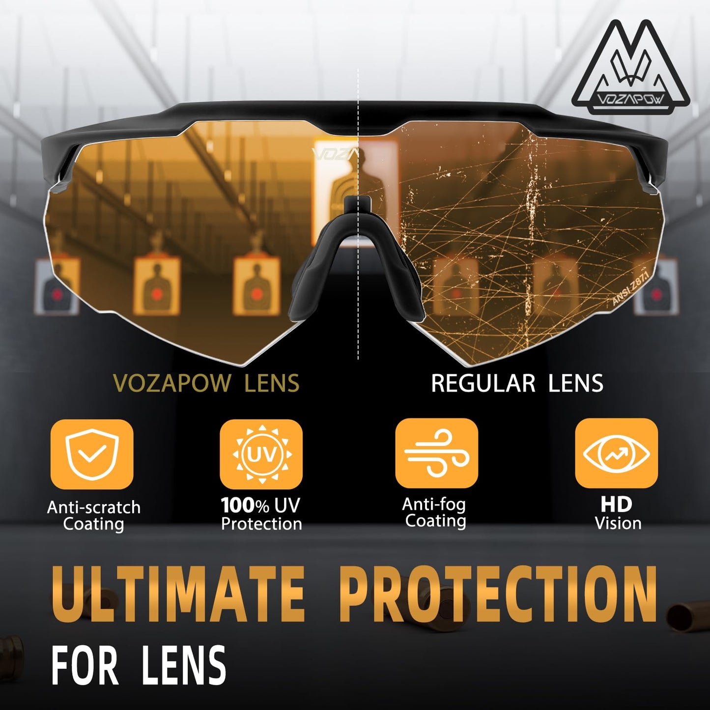 VOZAPOW Shooting Glasses Anti Fog with High Definition Lenses, ANSI Z87+ Certified Tactical Safety Glasses for Men Women