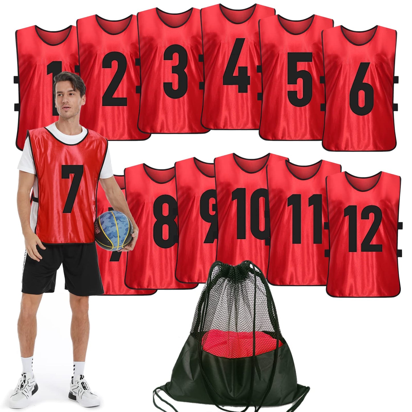 PULUOMASI 12 Pcs Team Sports Pinnies for Youth,Numbered Practice Jerseys