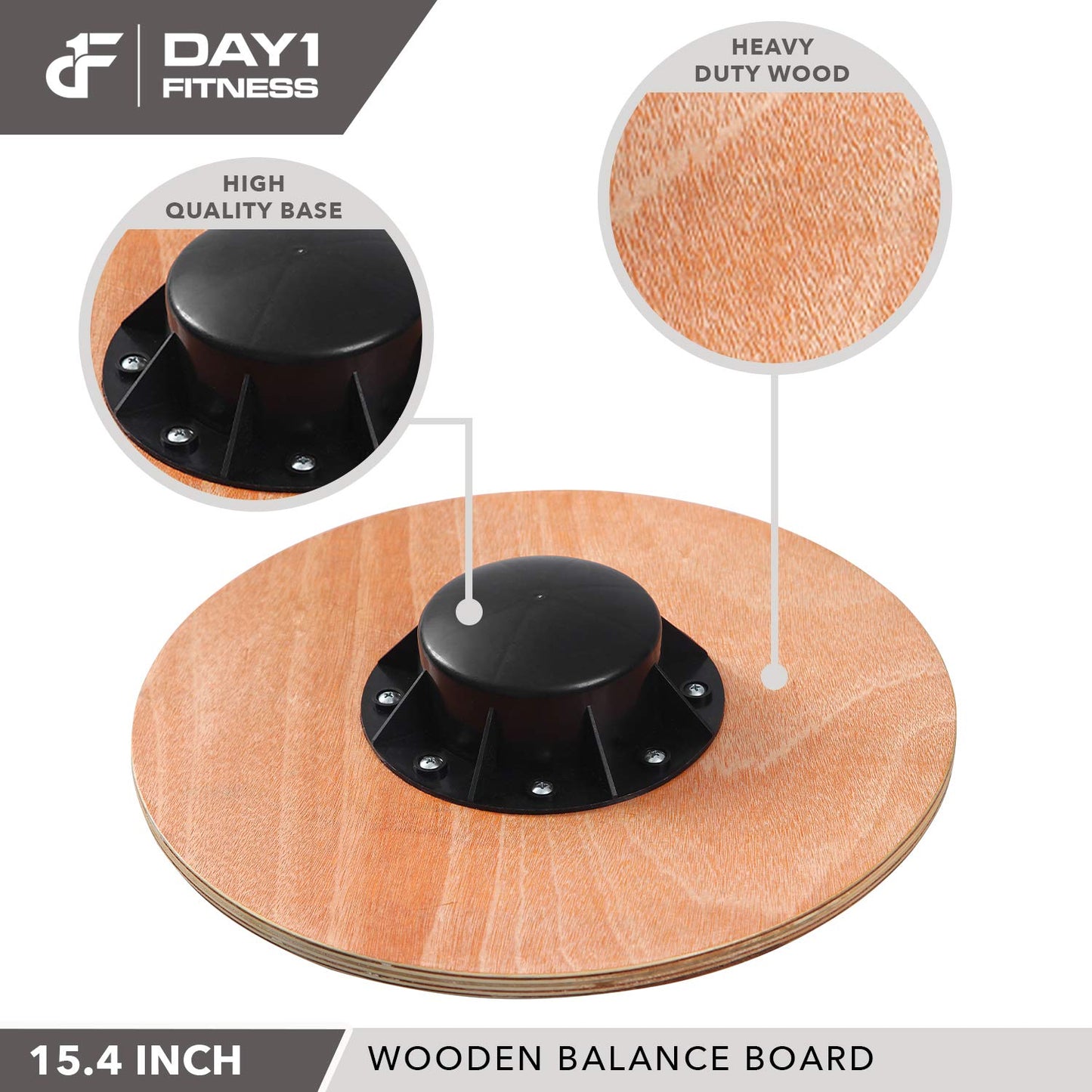 Day 1 Fitness Balance Board, 15.4” – GRAY - 360° Rotation, for Balance, Coordination, Posture - Large, Wooden Wobble Boards with 15° Tilting Angle for Workouts - Premium Core Trainer Equipment