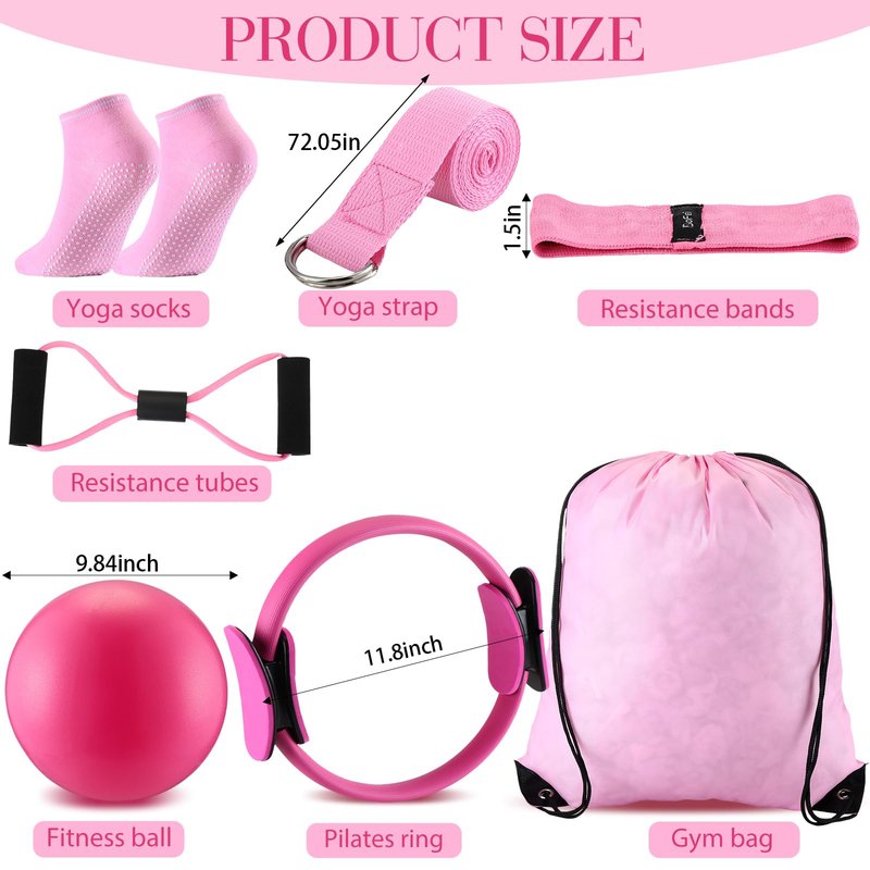 Poen 14 Pcs Pilates Equipment Kit for Home Workout Pilates Ring and Ball Set for Women 12'' Circle Yoga Fitness Essentials Kit with Resistance Bands, Yoga Strap, Socks,Bag (Purple,Pink)