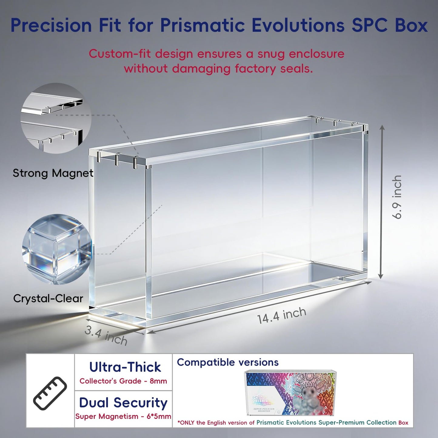 EAVAN Prismatic Evolutions SPC Box Acrylic Case Protector – 8mm Thick Clear Acrylic Display Case with 5mm Magnetic Lid, Protective Storage Box Compatible with SPC Collection Box for TCG Collectors
