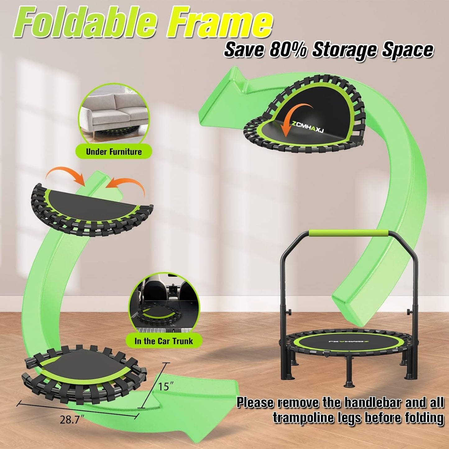 Foldable Mini Trampoline - 40"/48" Rebounder for Adults & Kids | 450lbs Capacity with Adjustable Bar for Indoor Fitness