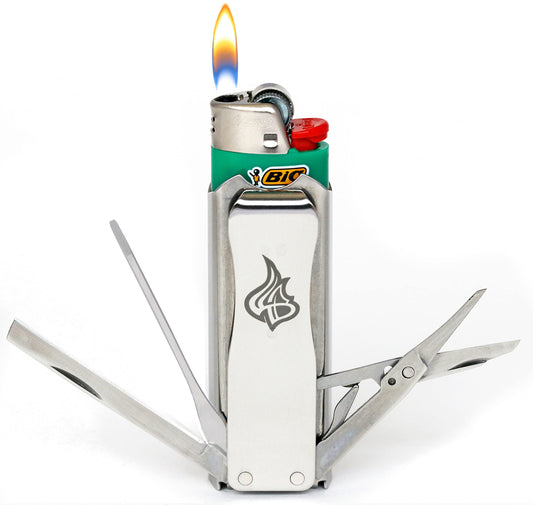 LighterBro Steel Icon - Stainless Steel Sleeve to Transform Your Pocket Lighter - Lighter Case with Poker, Super Sharp Knife & Scissors, Bottle Opener, Screwdrivers, & Keychain Holder