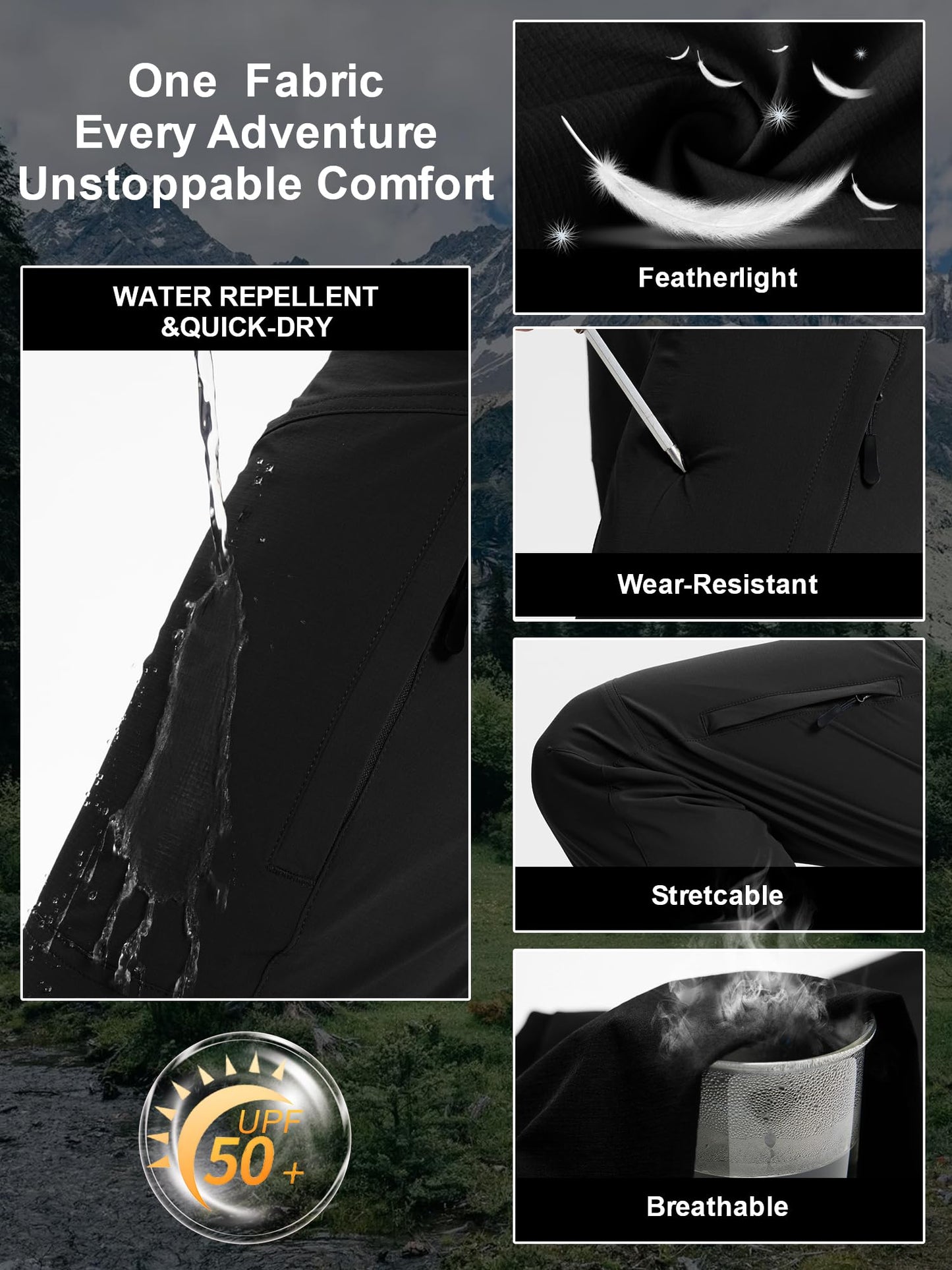 Mens Hiking Cargo Work Nylon Pants - Water & Wear Resistant Breathable Lightweight Stretch Quick Dry - EDC with 6 Pocket Black