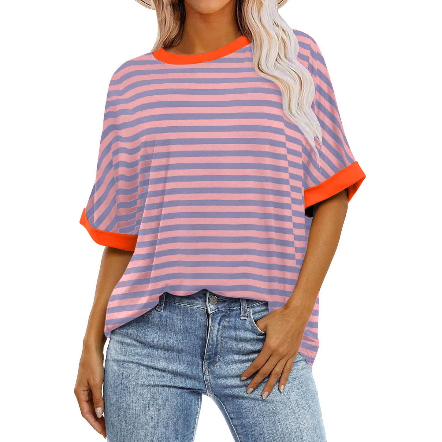 My Orders Prime of Day Deals Today 2024 Deals of The Day Lightning Deals Today Prime Summer Tops for Women 2024 Trendy Color Block Striped Shirt Women Crewneck Half Sleeve Lightweight Loose Blouses