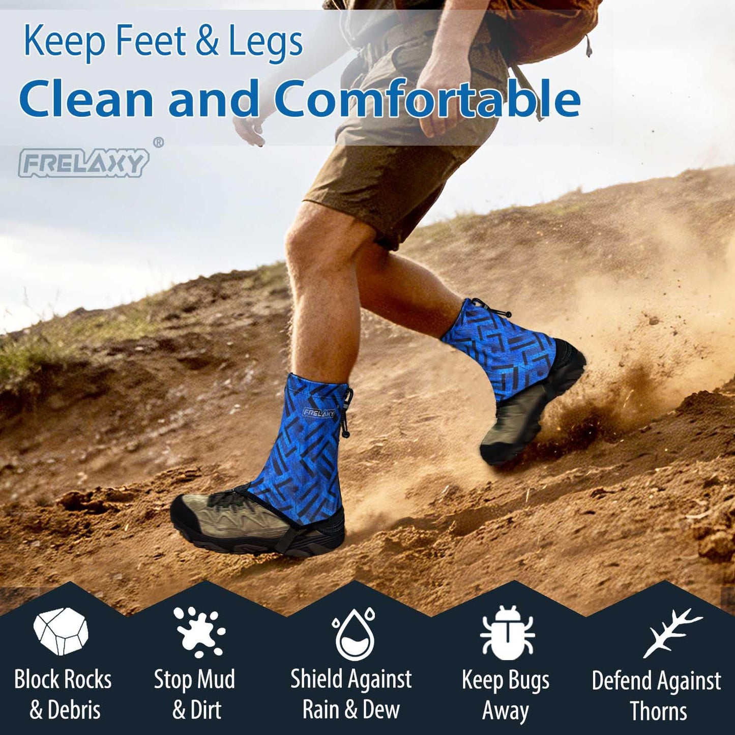 Frelaxy Ultralight Trail Gaiters for Hiking & Running – Breathable, Wear-Resistant Low Shoe Gaiters, Protect Feet from Rocks, Mud, Dust & Debris (Blue/Black)