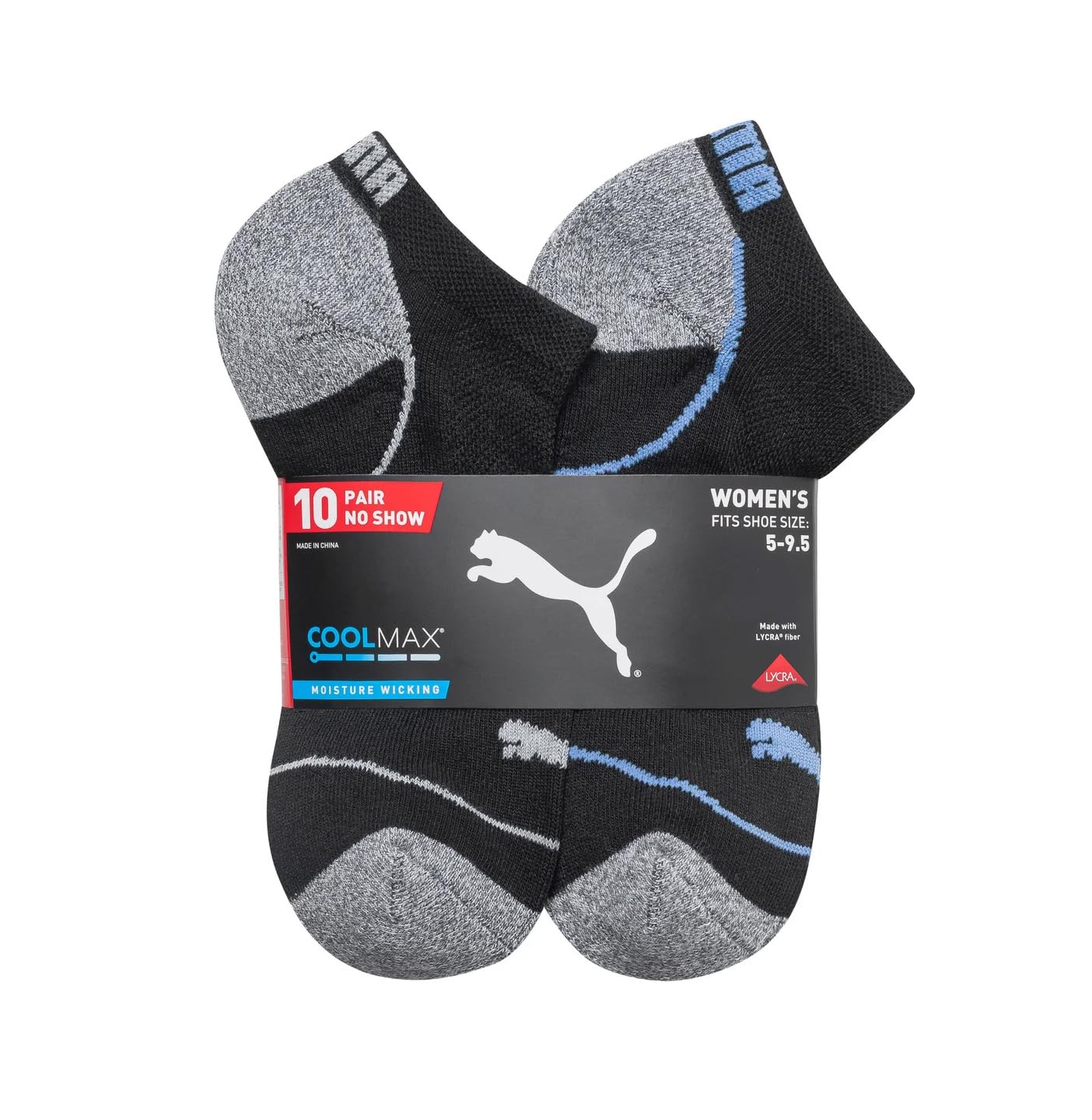 PUMA Women's Sports No-Show Socks, 5-9.5 Shoe Size, Black, 10 Pairs