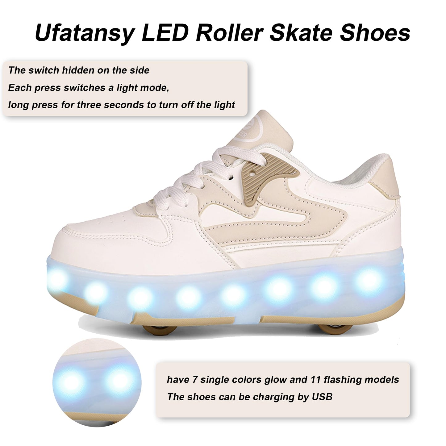 Ufatansy Roller Skates Shoes for Kids Girls Boys 4 Detachable Wheels Roller Sport Shoes 16 Modes Colorful LED Lights Rechargeable Fashion Sneakers Footwear Gifts