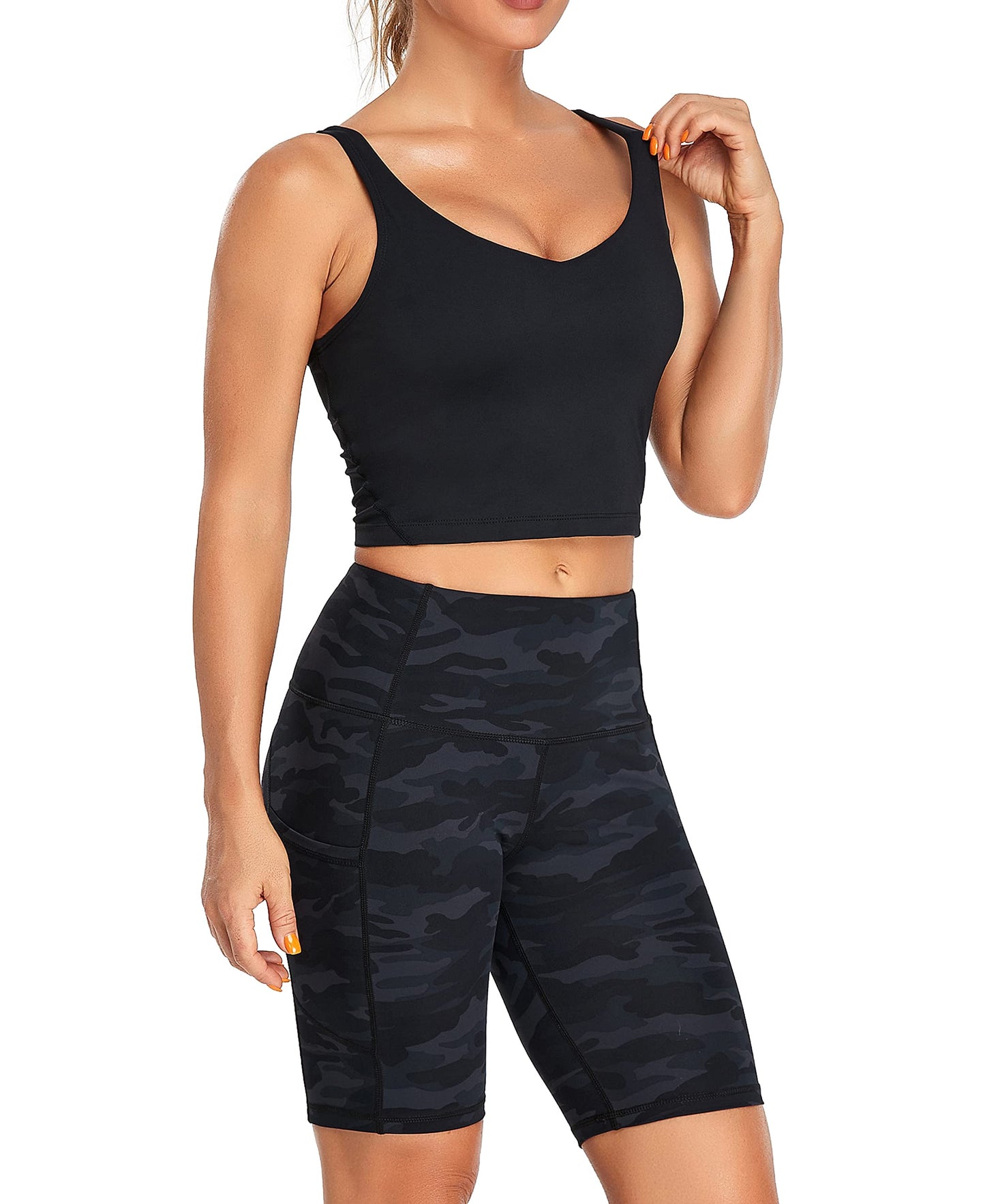 Oalka Sports Bra Womens Longline Padded Crop Tank Yoga Bras Workout Fitness Top Heart Black M