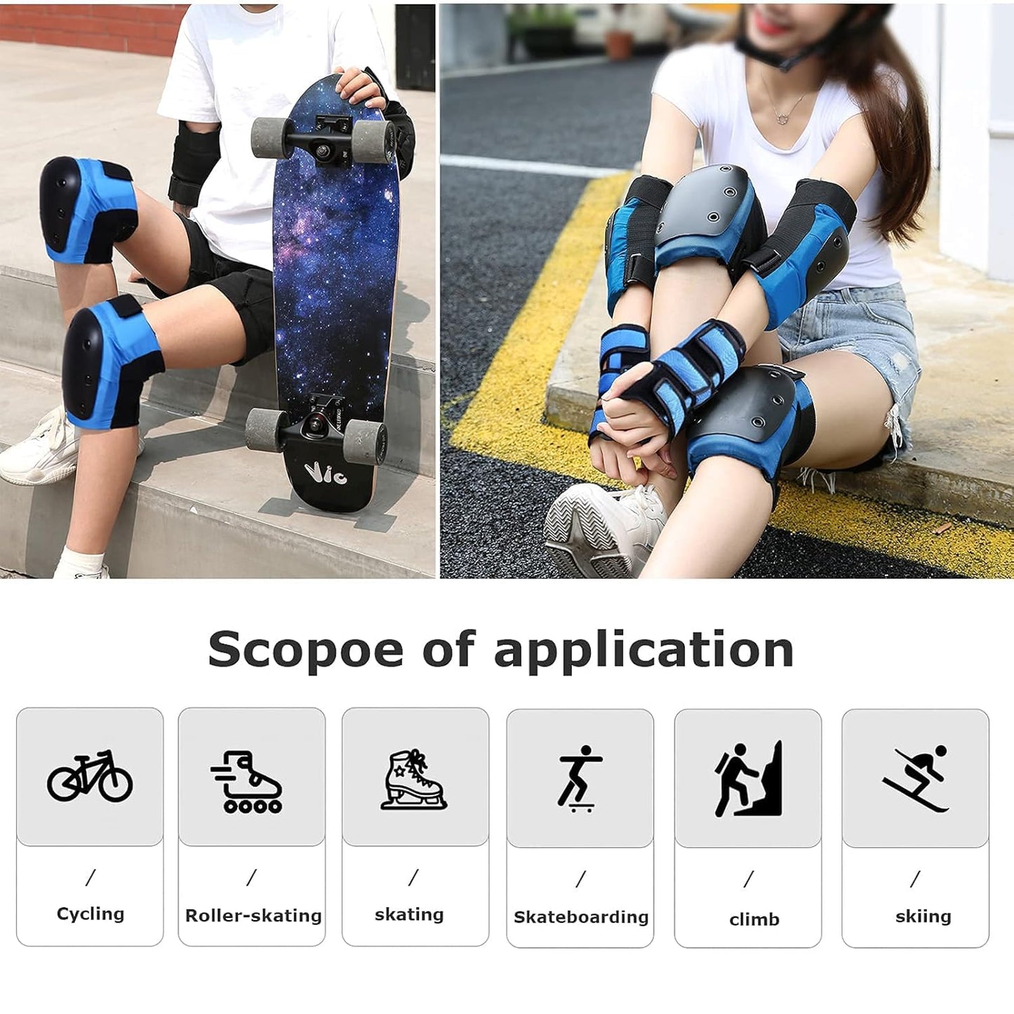 Protective Gear Set - 6 in 1 Knee Pads, Elbow Pads & Wrist Guards for Skateboarding, Biking & Outdoor Sports - Blue | Size M
