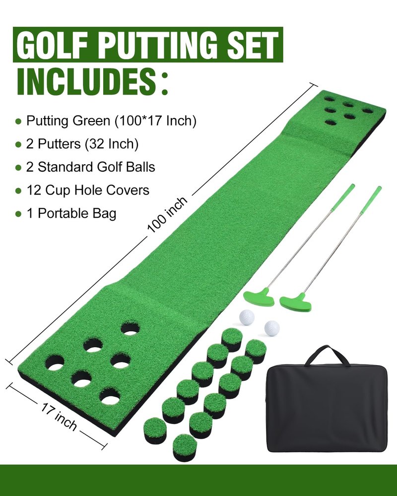 GEAVESS Golf Putting Game Set for Indoor & Outdoor, Portable Golf Pong Putting Green Mat with 2 Putters, 2 Balls,12 Hole Covers, 1 Storage Bag for Home, Backyard, Office & Party
