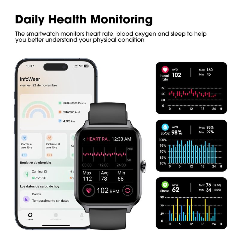 Smart Watch(Answer/Make Call), 1.69" Fitness Tracker with Heart Rate Blood Oxygen Monitor, Sleep Monitor Health Tracker, 100+ Sports Modes, Step Counter, IP68 Waterproof Fitness Watch for Android iOS