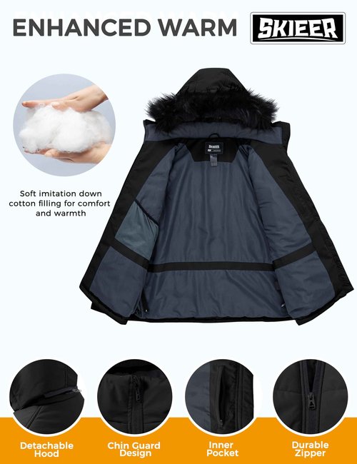 Skieer Women's Plus Size Winter Coats Windproof Waterproof Ski Jacket with Removable Hood(Black,4XL)