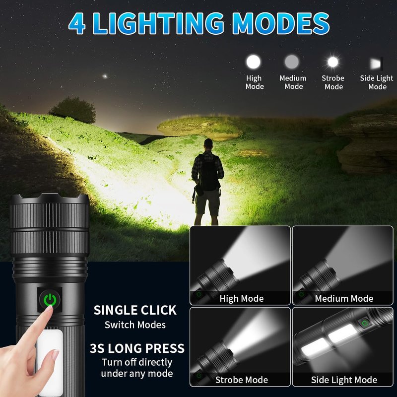 KYEKIO Large Size & High Powered Flashlight, 7200mAh Flashlights High Lumens, Super Bright Flashlight, Rechargeable Flashlights LED, Adjustable Tactical Flash Light, Waterproof Flash Light for Home