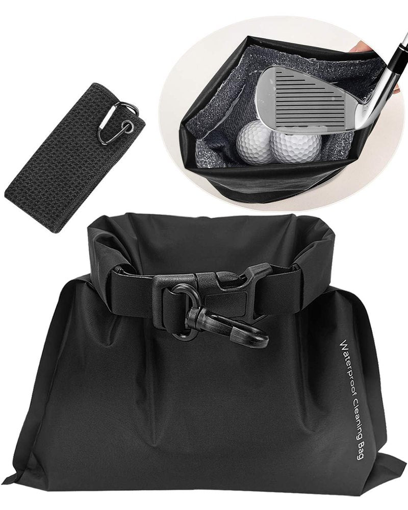 BUMOVE Golf Club and Ball Cleaning Pouch with Attached Towel, Portable Cleaner Bag for Cleans Club Grooves, Waterproof Clean Face Technology Liner - can Store Water, Detachable Clip (Black)