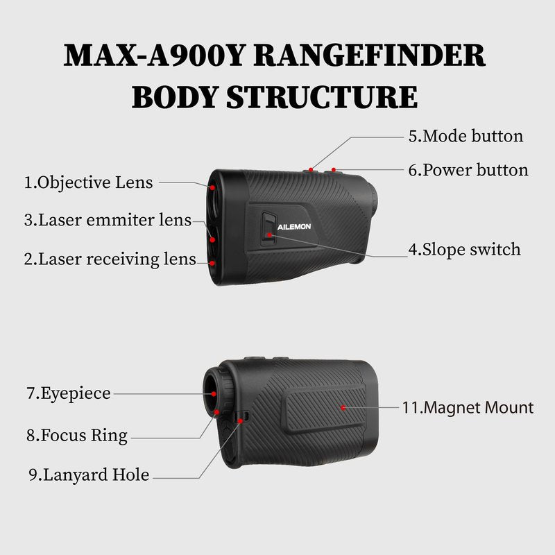 AILEMON Golf Rangefinder with Slope Switch, Flag Pole Locking with Pulse Vibration, 6X Magnification Laser Range Finder Golfing & Hunting, 900 Yards Rangefinders with Magnet Stripe (Black)