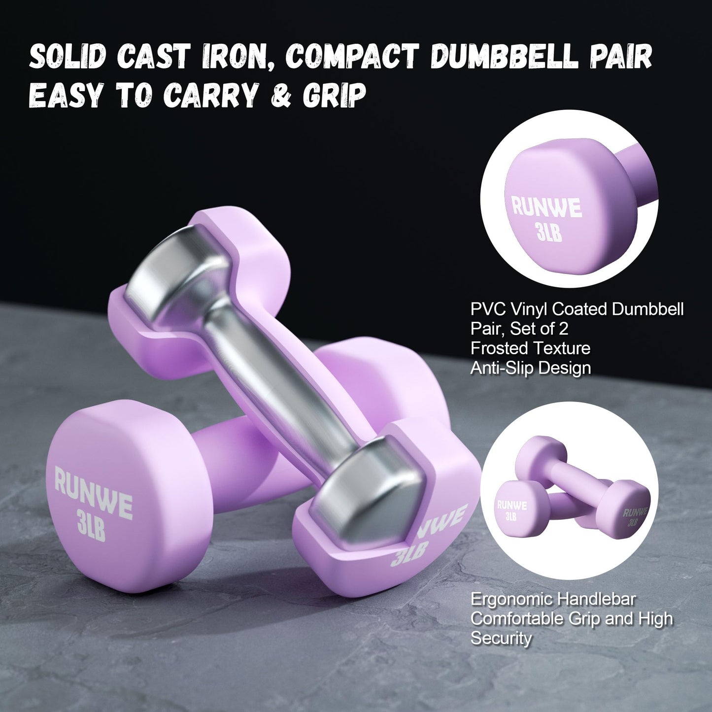 RUNWE Dumbbells Set of 2 - Cast Iron 5 LB Weights Set of 2, Hand Weights Set Exercise & Fitness Dumbbell Free Weights for Child, Women, Men