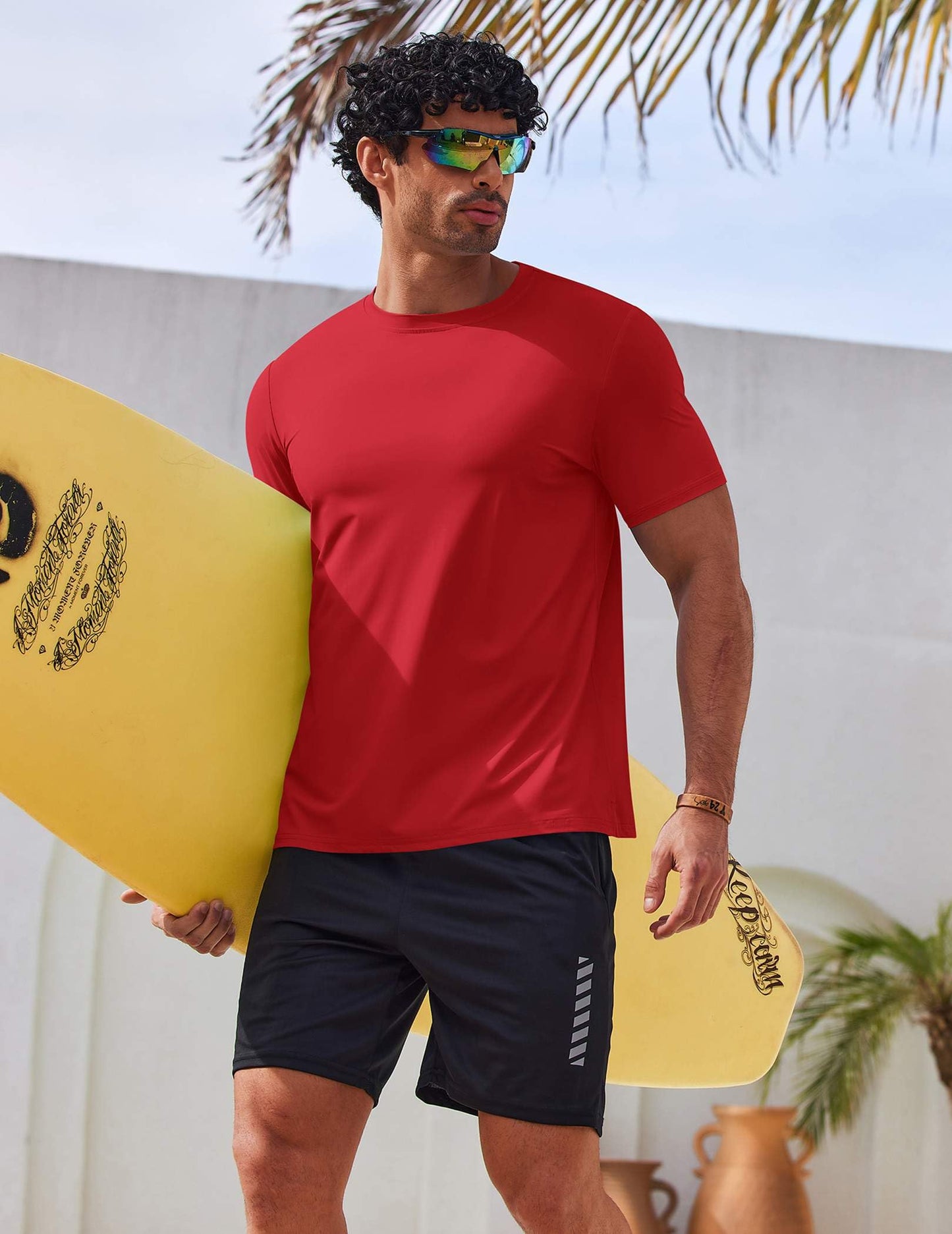 COOFANDY Mens Swim Shirt Short Sleeve UPF 50+ Sun Protection Shirt Quick Dry Tee Shirts Red