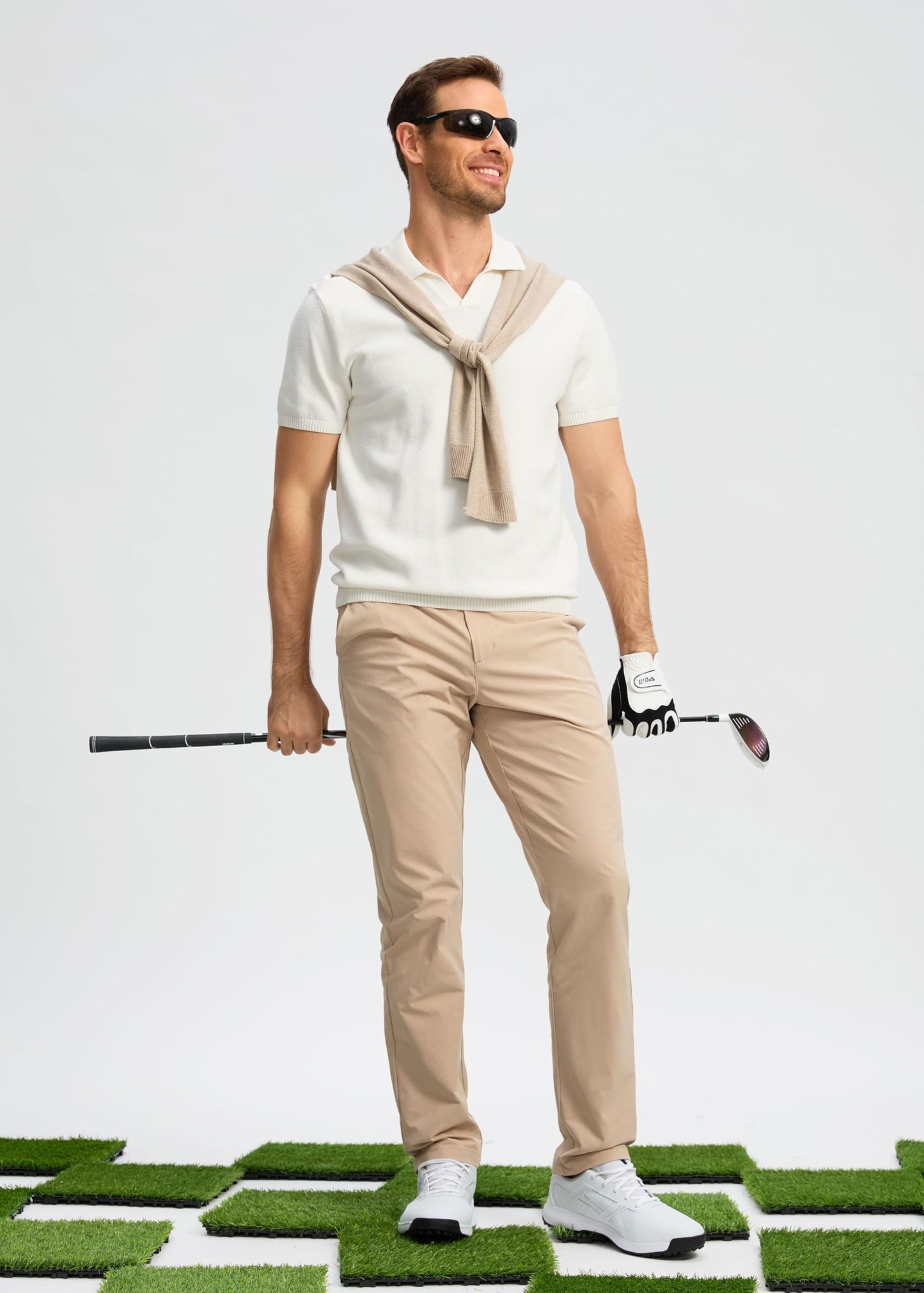 Pudolla Men's Golf Pants Stretch Classic Fit Work Dress Pants 34 Lightweight Quick Dry Casual Slacks Trousers with Pockets(Khaki 34Wx34L)