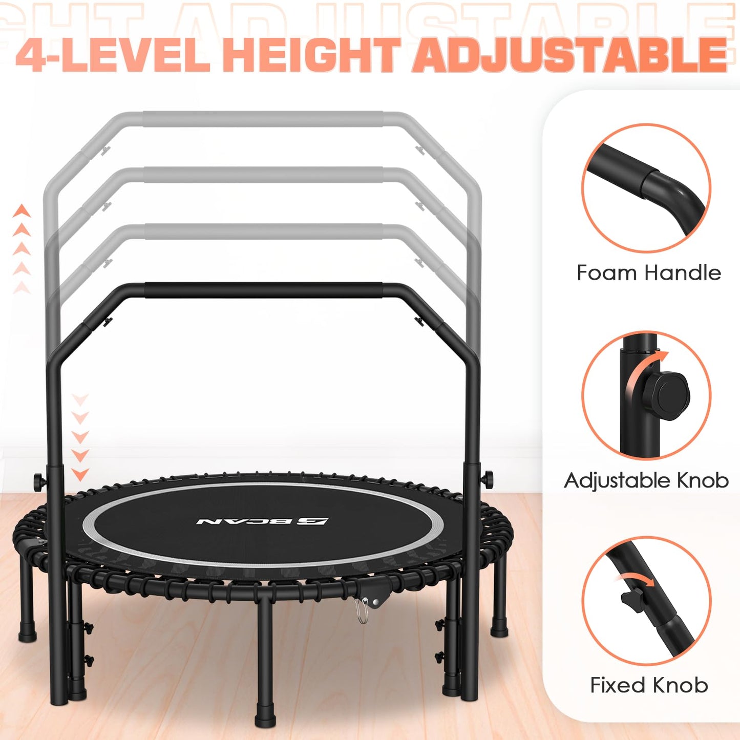 BCAN 550 LBS Foldable Mini Trampoline, 48" Fitness Trampoline with Adjustable Handle Bar, Bungees, Stable & Quiet Exercise Rebounder for Kids Adults Indoor/Garden Workout-Silver