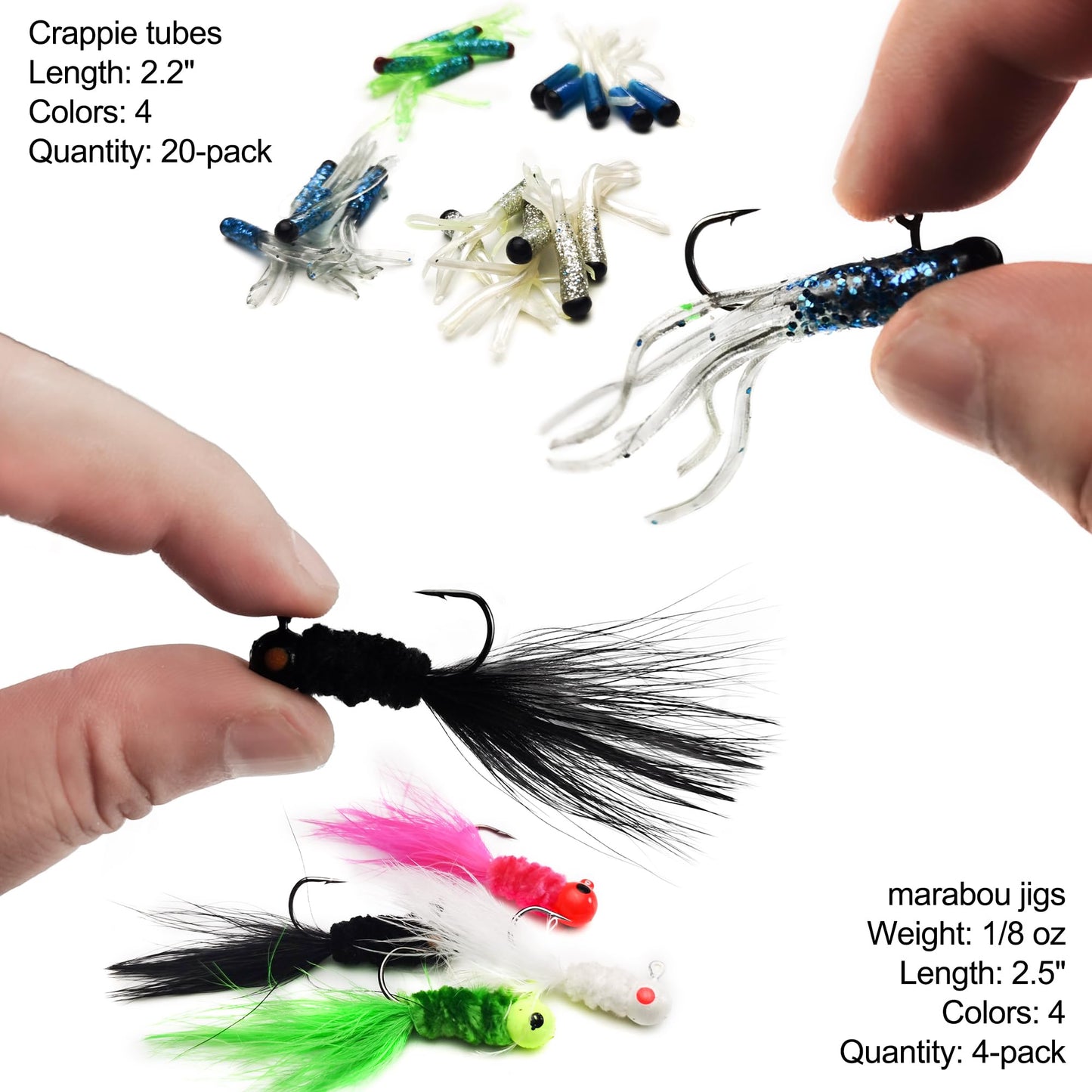 VMSIXVM Crappie Lures Tube Lures Jigs Heads Worms Swimbaits Kit, 165, 124, 50 Pcs Pre-Rigged Crappie Jigs Tube Hooks Soft Plastic Grub Worms Baits for Bass Trout Freshwater Saltwater Fishing