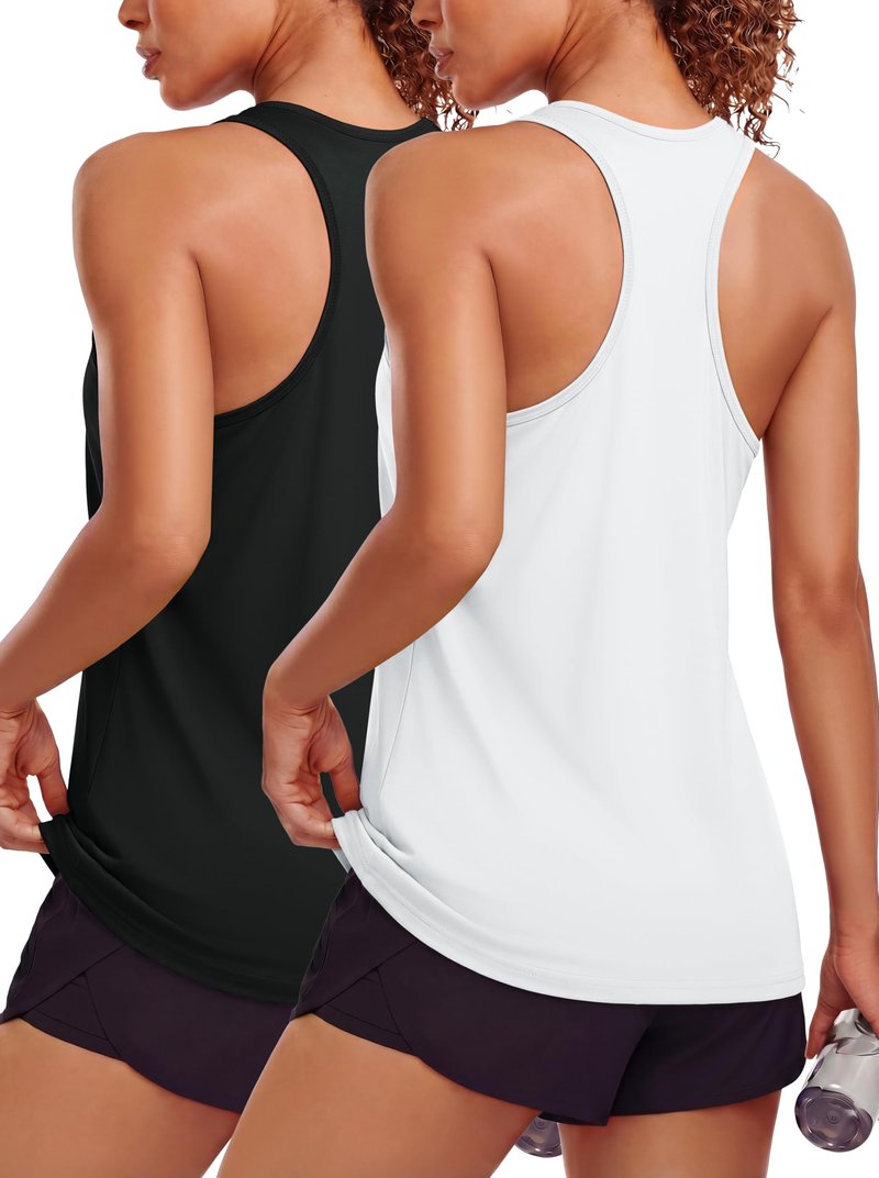 MAGCOMSEN Black Tops for Women Workout Racerback Sleeveless Tank Tops 2 Pack White Muscle Dry Fit for Sports Exercise M