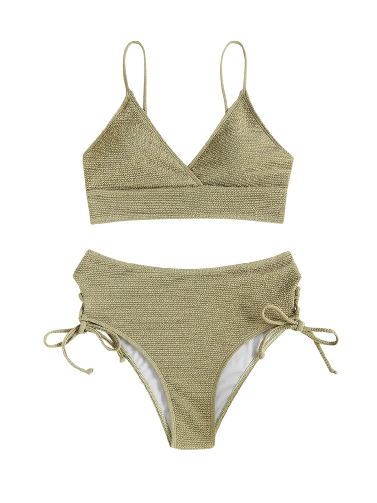 ZAFUL Women's 2 Pieces Sexy V Neck High Waisted Textured Lace Up Tankini Bikini Set Swimsuits(Light Green, 2XL)