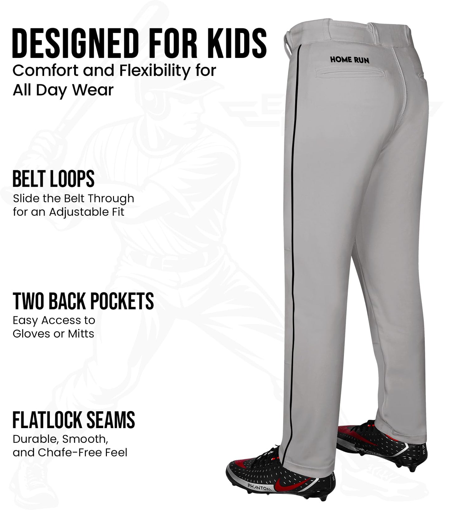 Exxact Sports Home Run Boys Baseball Pants with Piping - Full-Length, Semi-Relaxed Fit, Open-Bottom Youth Baseball Pants - (YM, Grey/Black Piping)