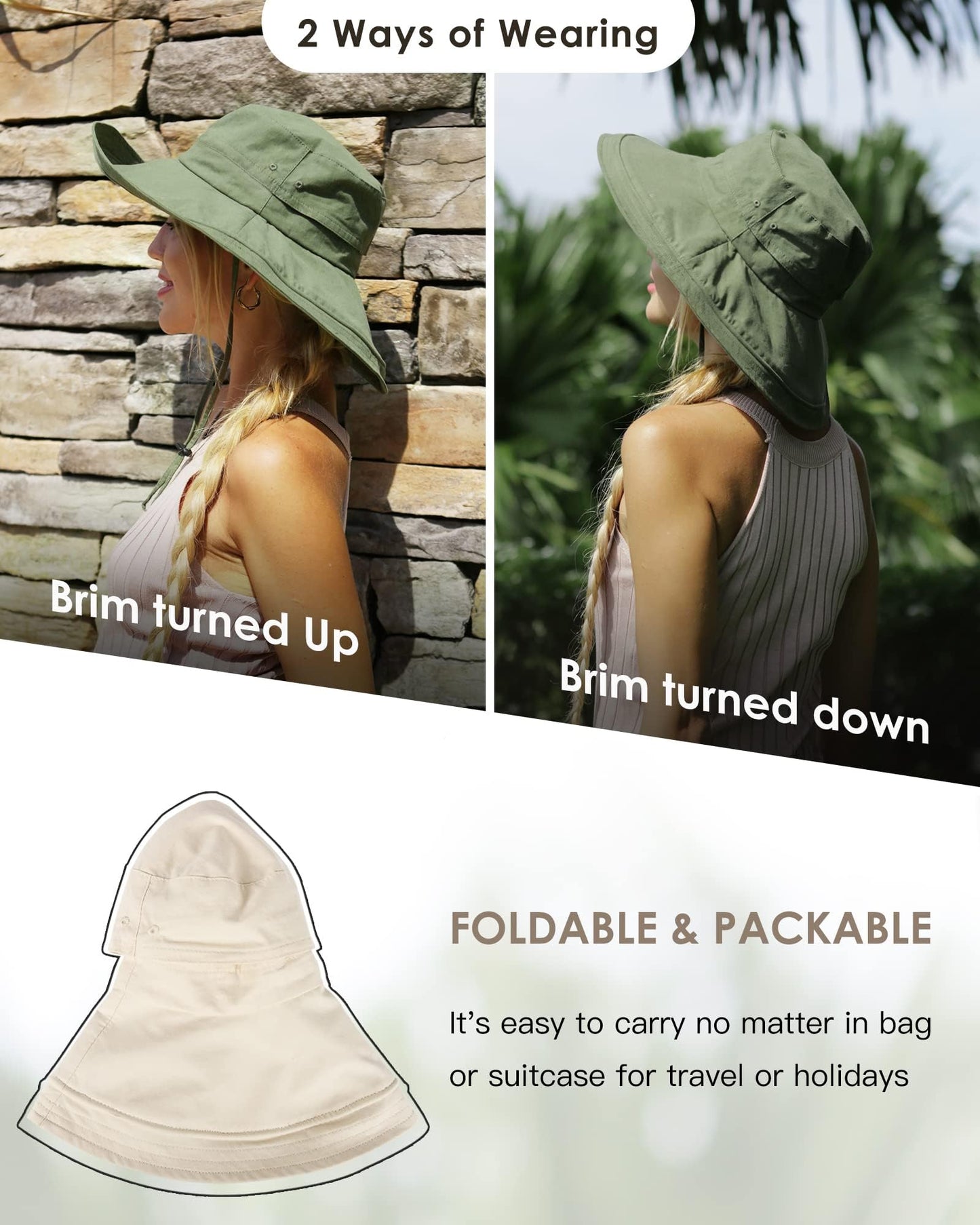 Hatiis Womens Sun Hat with Ponytail Hole Cotton Shapeable Wide Brim