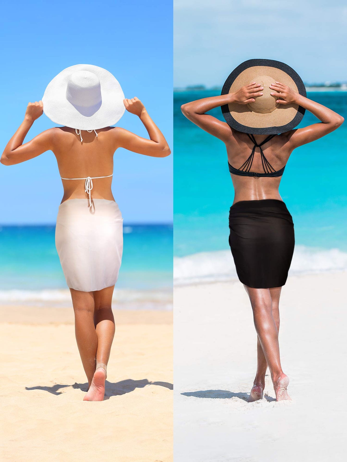 Chuangdi 2 Pieces Sarong Coverups for Women Bathing Suit Wrap Swimsuit Skirt Beach Bikini Cover up Swimwear Chiffon S-L(Black and White)