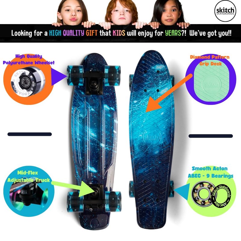 SKITCH Complete Skateboards for Kids Ages 6-12 Beginners Boys Year Old Children Youth Gift Set 22 Inch Penny Board Mini Cruiser ABEC 9 Bearings Skateboard Backpack Bag Skate Tool (Blue Galaxy LED+)