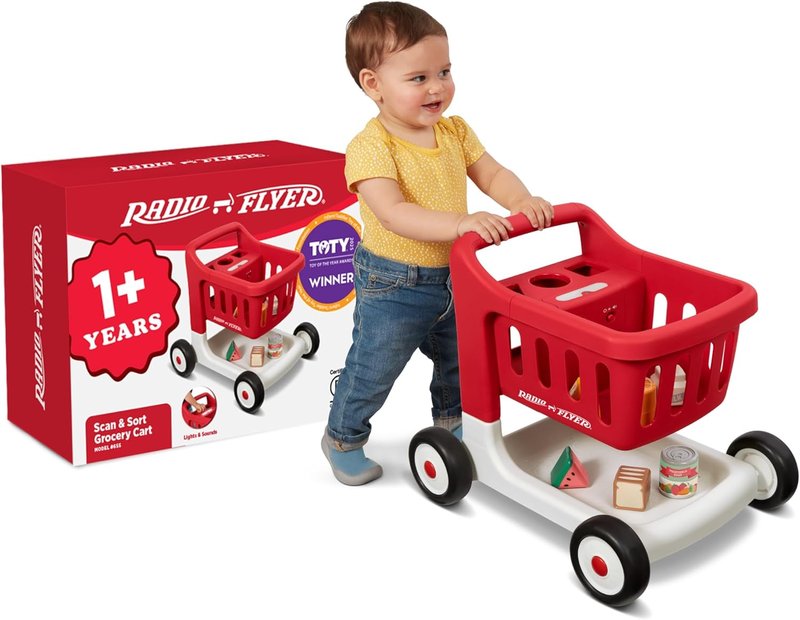 Interactive Baby Walker - Radio Flyer Scan & Sort Shopping Cart for Kids 1+ | Red with Lights & Play Food Items