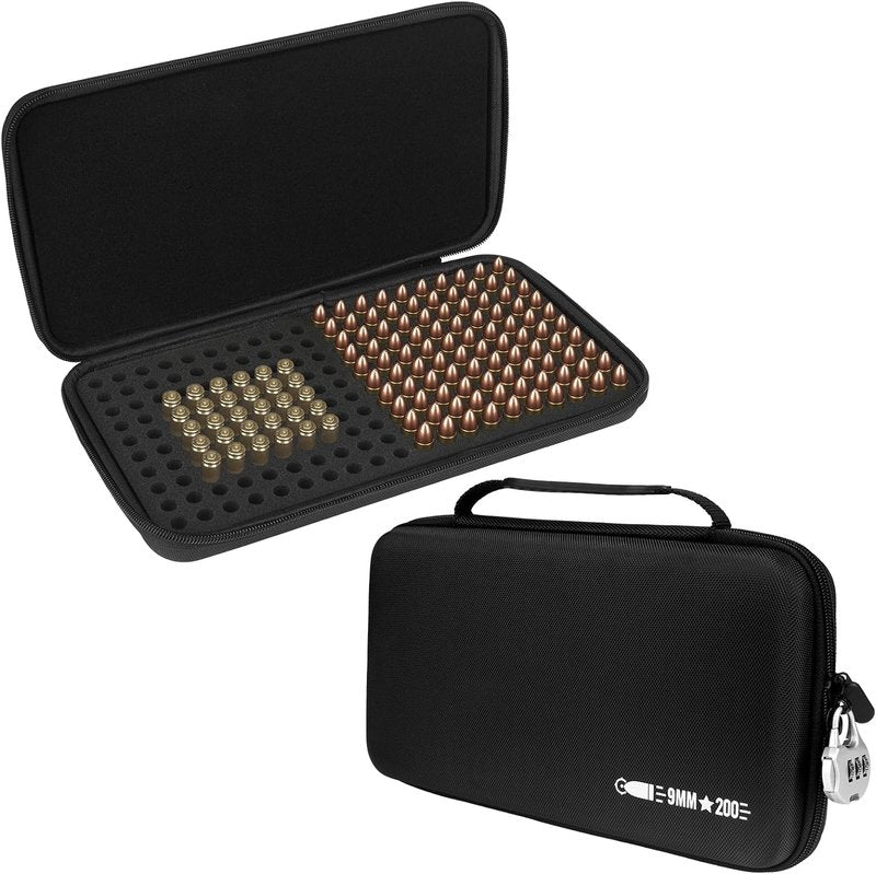 9MM Ammo Case - Locking Travel Safe Storage Box for 200 Rounds | Fits 9MM Luger, 380 ACP, 32 ACP, 40 S&W
